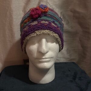 Colorful Knit Beanie with Floral Accent